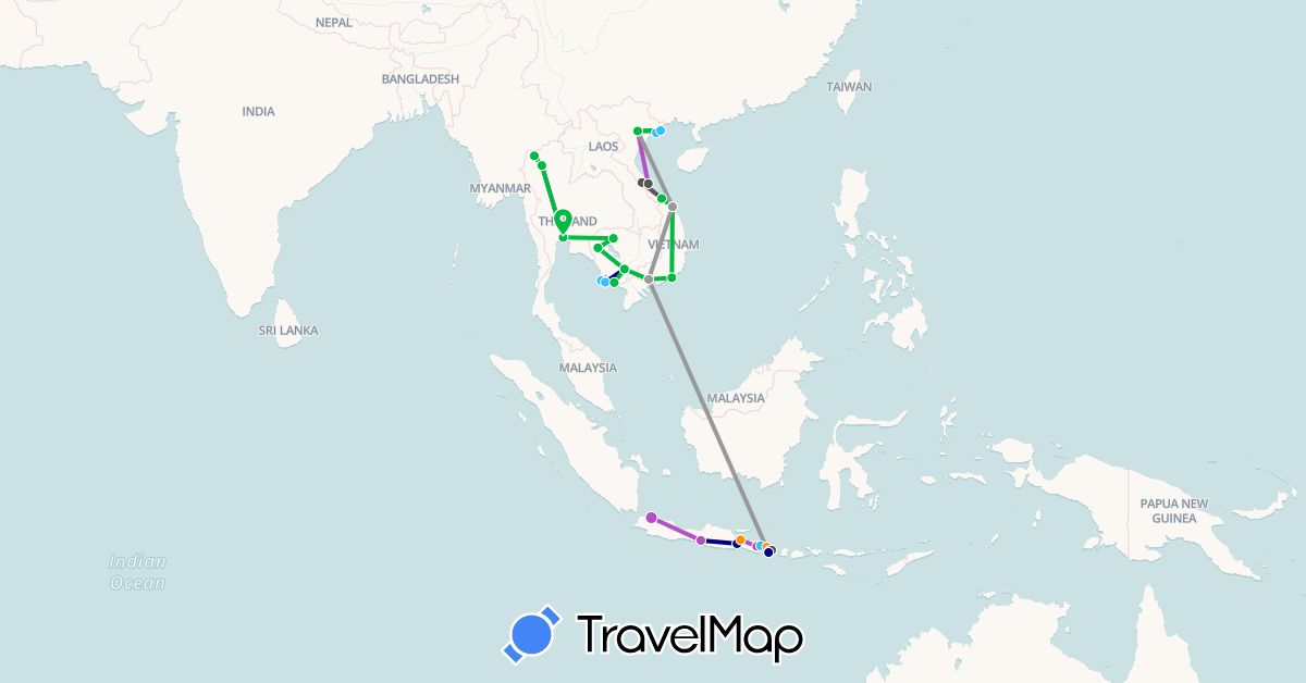 TravelMap itinerary: driving, bus, plane, train, boat, hitchhiking, motorbike in Indonesia, Cambodia, Thailand, Vietnam (Asia)